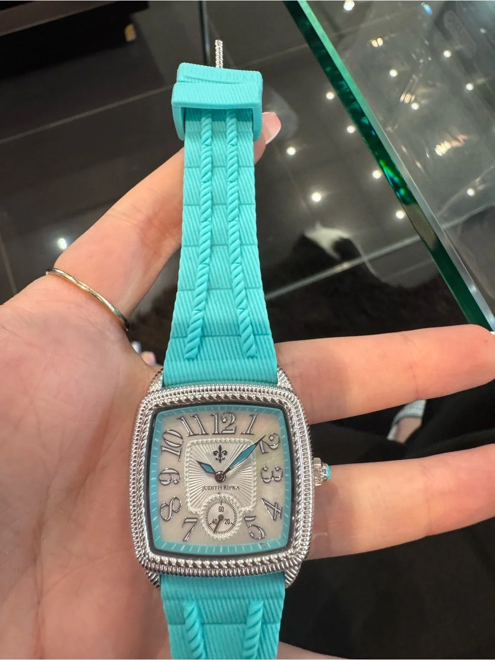 New Judith Ripka Stainless Steel Square Watch w:  Turquoise Silicone Strap